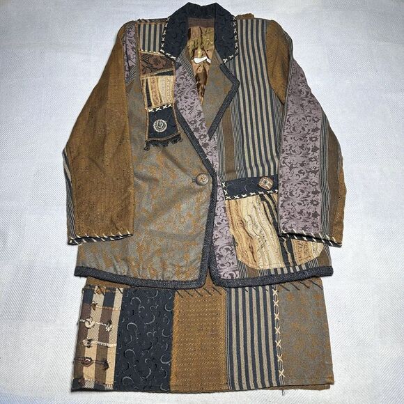 Vintage Crystal Handwovens Abstract Art to Wear Blazer Skirt Set Women's Sz S/M‎